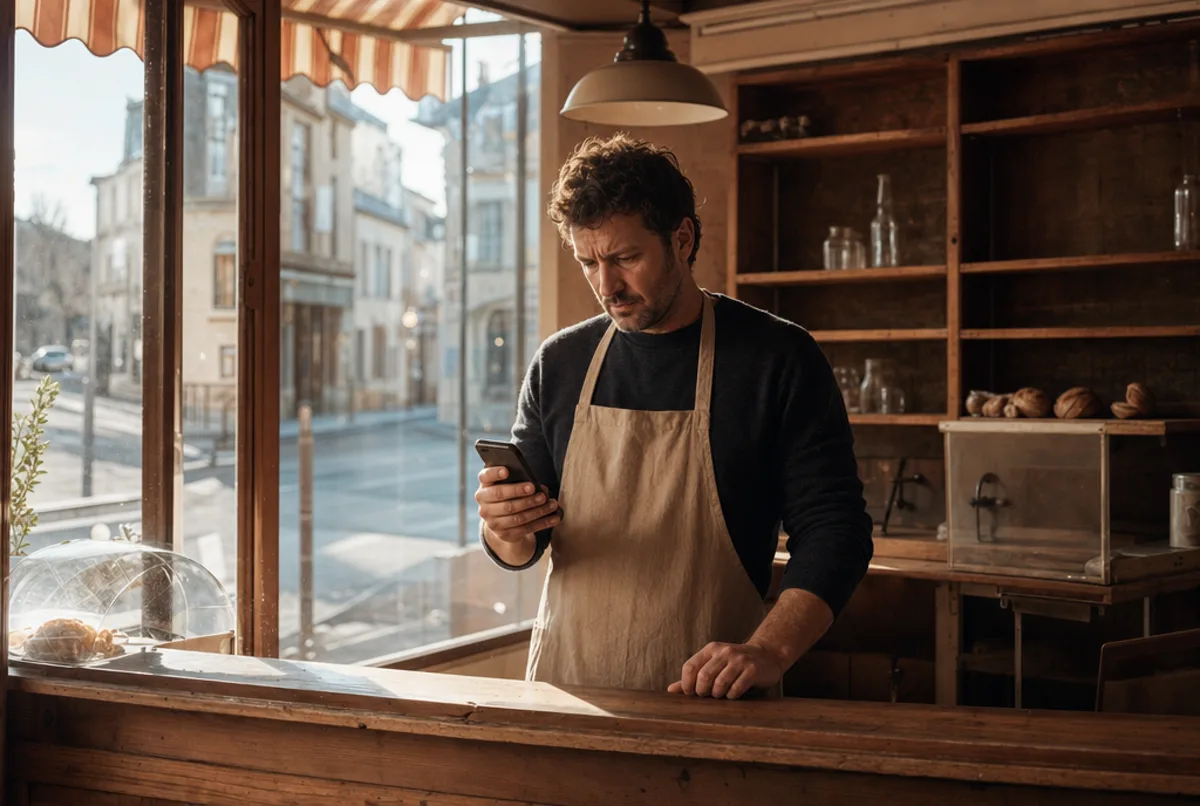 Un commerçant seul derrière son comptoir, le matin, consultant son téléphone dans sa boutique vide baignée de lumière dorée.