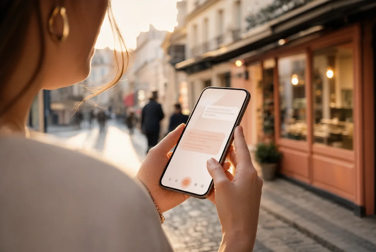 Les mains d'une passante tenant un smartphone dans une rue commerçante ensoleillée, l'écran affichant une conversation avec un assistant IA.