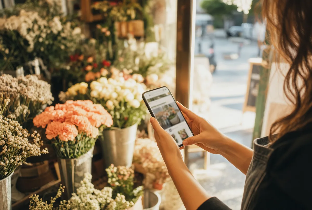 Une fleuriste consulte sa fiche d'établissement sur son téléphone, debout parmi ses seaux de fleurs devant sa boutique ensoleillée.