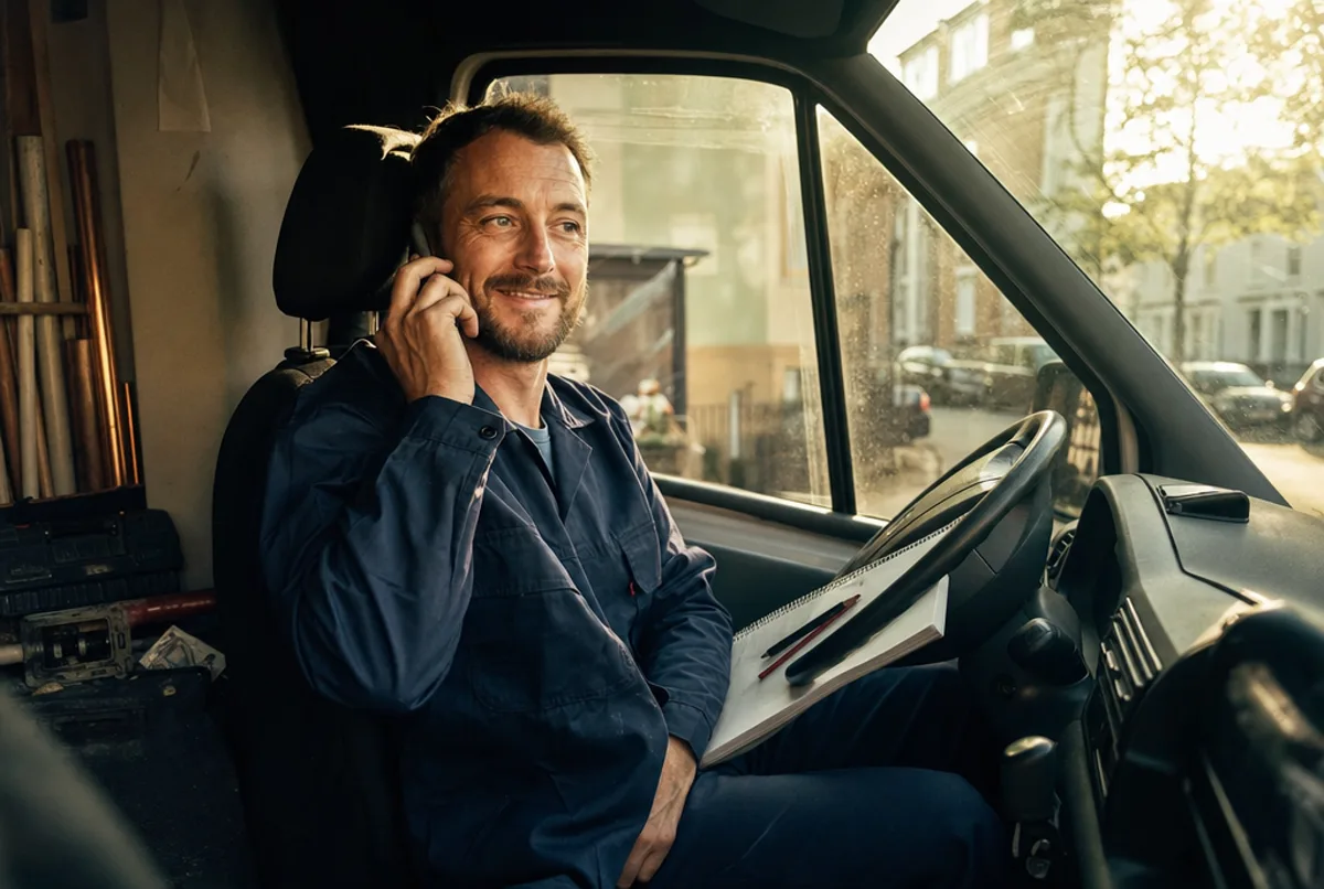 Un plombier assis au volant de sa camionnette répond au téléphone avec un sourire satisfait, carnet posé sur le volant, lumière du matin.