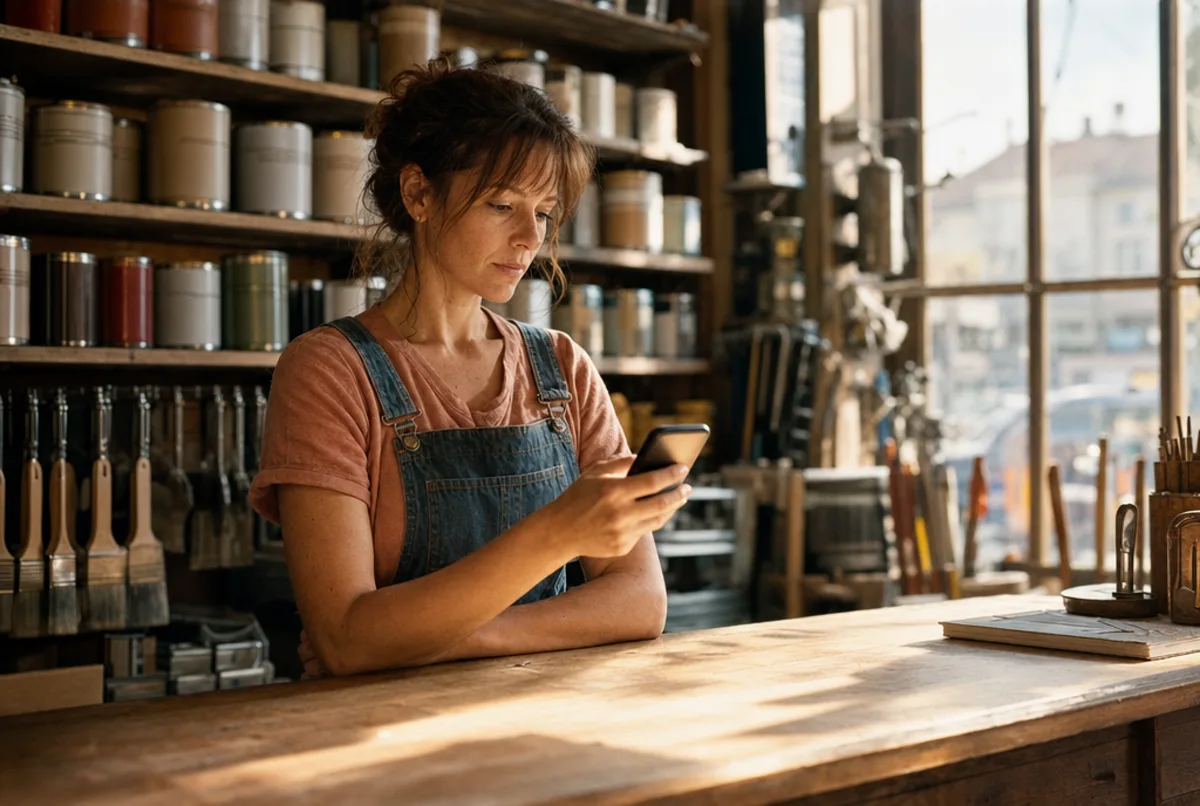 La gérante d'une petite quincaillerie, en salopette derrière son comptoir de bois, consulte son téléphone d'un air songeur dans la lumière du matin qui entre par la vitrine, devant ses rayons de pots de peinture et de pinceaux.