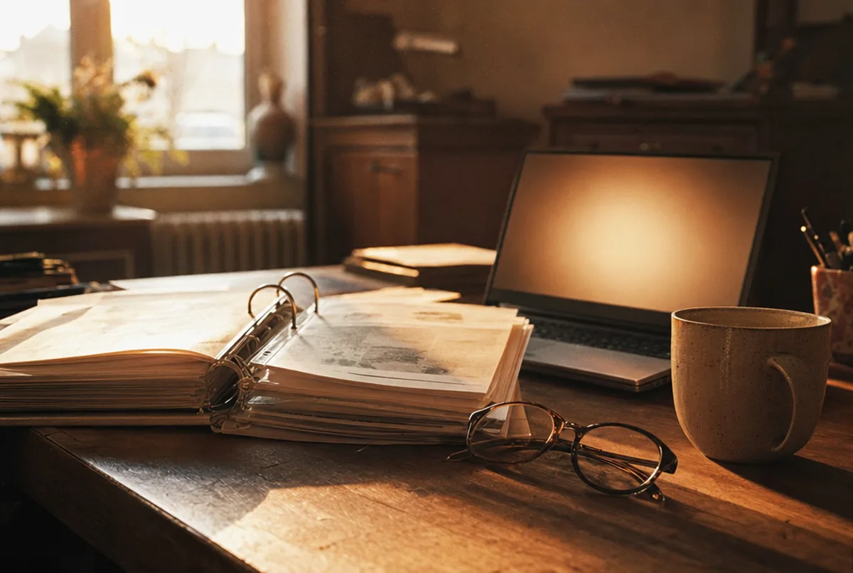 Un classeur de fiches clients posé sur un bureau en bois près d'un ordinateur portable, dans la lumière chaude d'une fin d'après-midi.