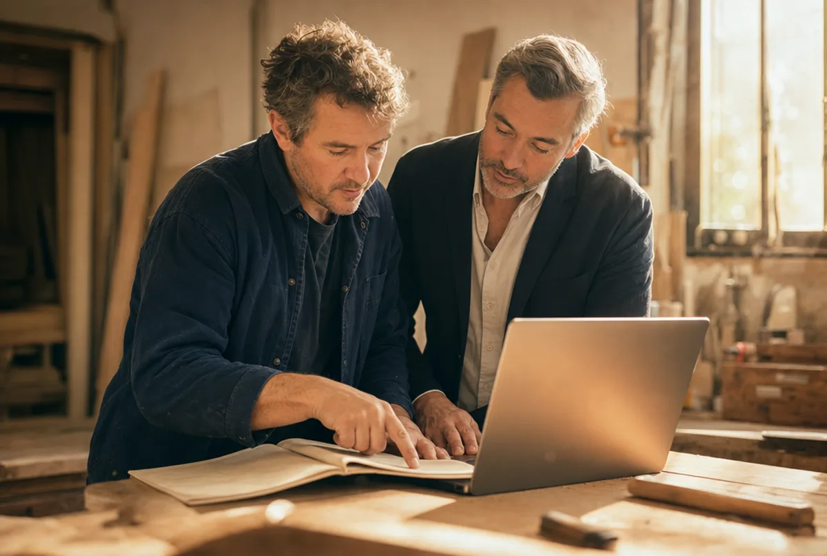 Un artisan et un consultant penchés ensemble sur un carnet et un ordinateur portable dans un atelier baigné de lumière dorée.
