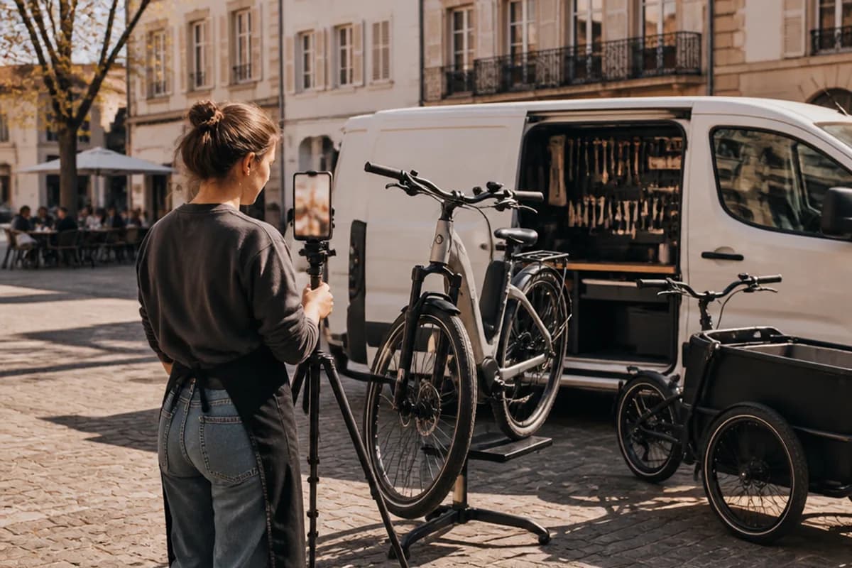 Une jeune femme qui vient de lancer son activité de réparation de vélos, vue de dos sur une place pavée de centre-ville, filme son travail avec un téléphone monté sur trépied ; devant elle, un vélo électrique sur un pied d'atelier, une camionnette blanche aux portes ouvertes remplie d'outils et un vélo cargo, avec une terrasse de café en arrière-plan sous une lumière de matin.