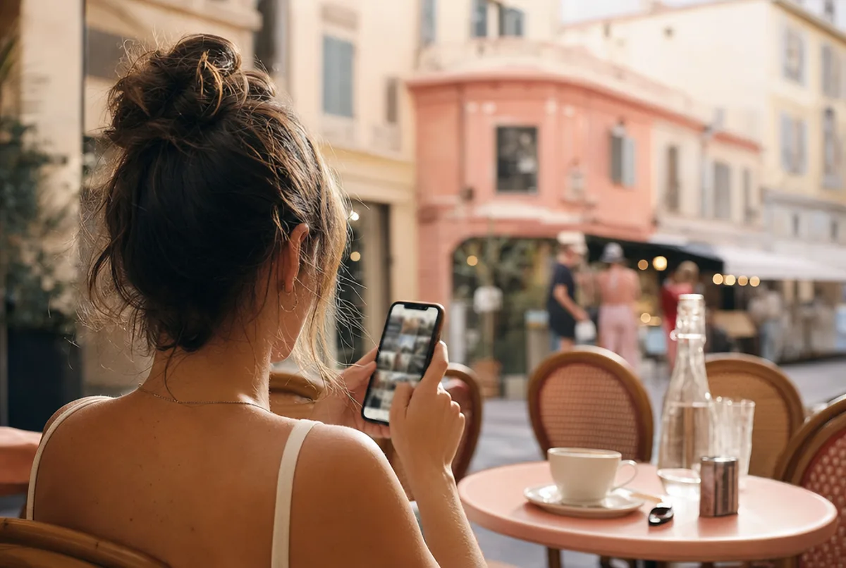 Une jeune femme fait défiler un fil d'actualité photo sur son smartphone, attablée à une terrasse de café ensoleillée.