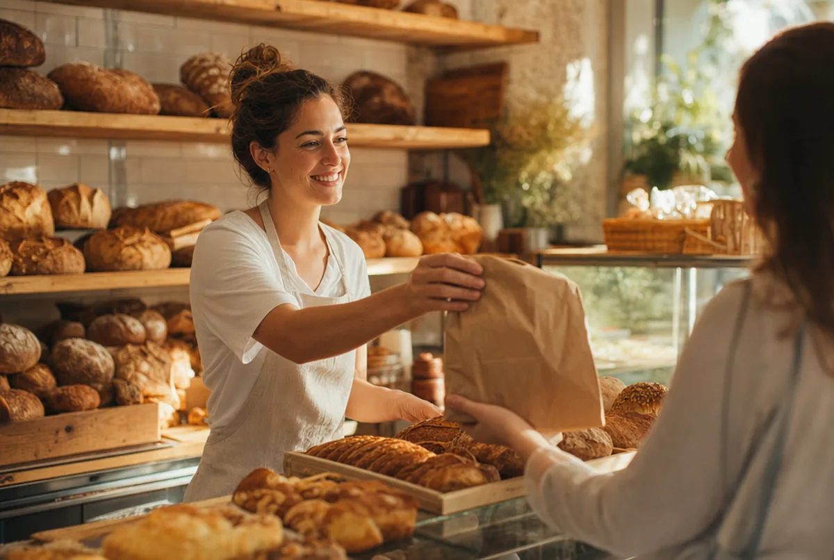Une boulangère souriante tend un sachet à un client par-dessus le comptoir d'une boulangerie baignée de lumière chaude.