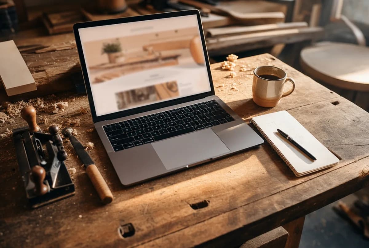 Un établi d'artisan en bois dans la lumière du matin, avec un ordinateur portable affichant un site web, des outils et un carnet.