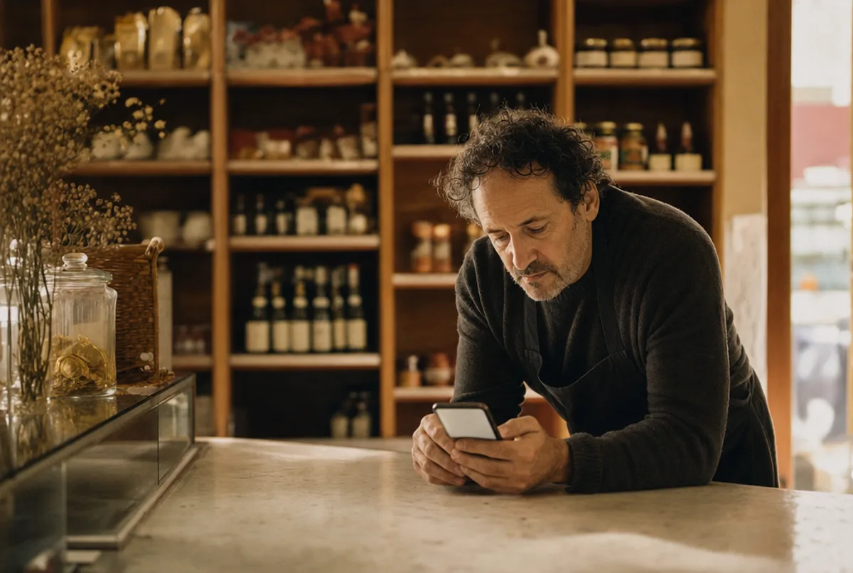 Un commerçant consulte les statistiques d'une campagne publicitaire sur son téléphone, accoudé au comptoir de sa boutique dans la lumière du matin.