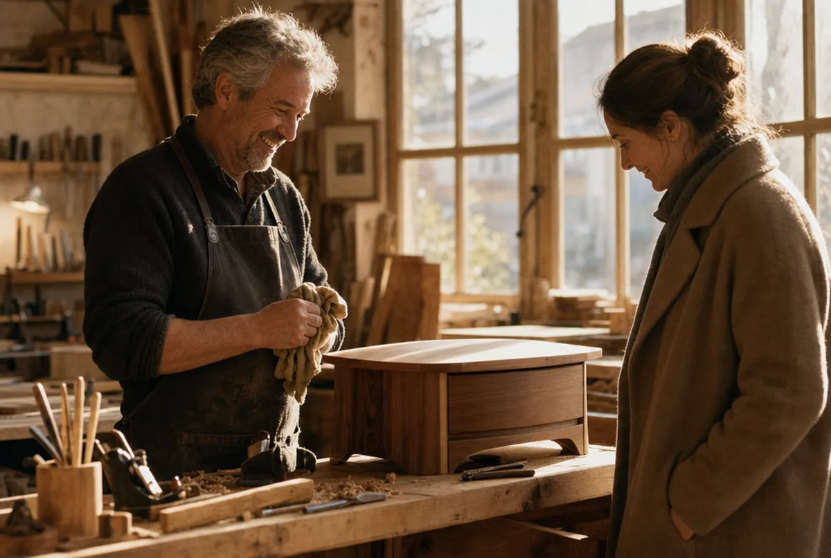 Un artisan menuisier d'une cinquantaine d'années s'essuie les mains en souriant dans son atelier baigné de lumière, face à une cliente qui observe le meuble en bois qu'il vient de terminer sur l'établi.