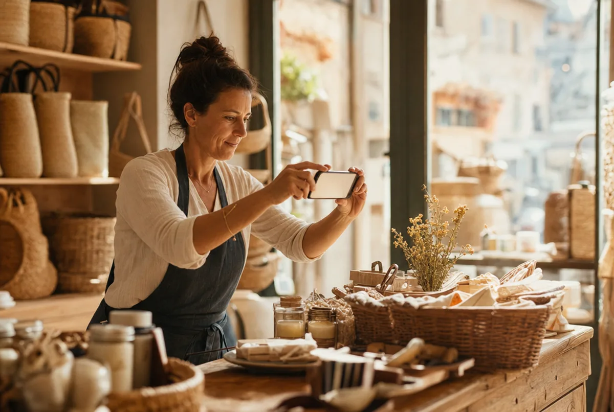 Dans sa boutique de centre-ville, une commerçante en tablier photographie avec son téléphone les produits disposés sur le comptoir en bois — bocaux, paniers en osier et fleurs séchées ; la vitrine, juste à côté d'elle, laisse entrer la lumière du jour.