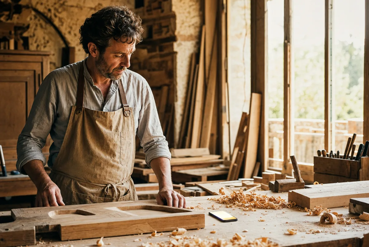Un menuisier en tablier de travail, debout à son établi baigné de lumière du matin, au milieu des copeaux et des planches de chêne, s'interrompt un instant pendant que son téléphone s'allume à côté de lui.