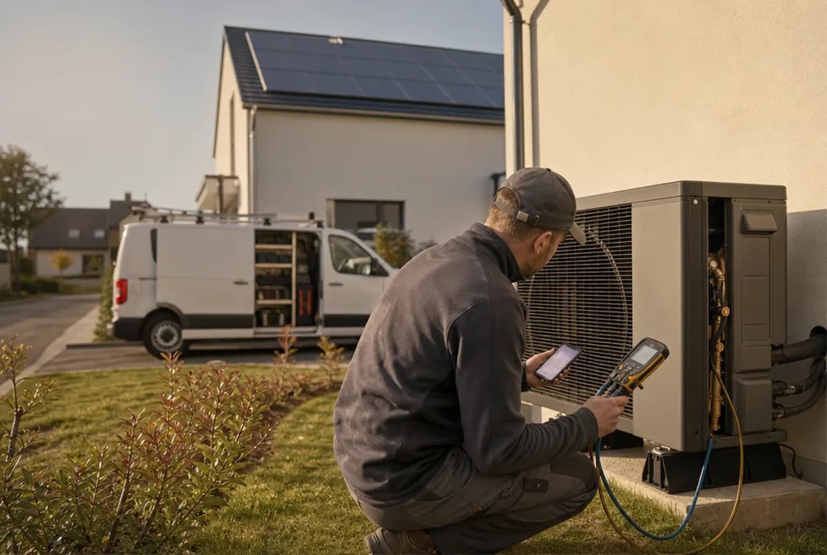 Un installateur de chauffage d'une quarantaine d'années, en vêtements de travail gris foncé et casquette, accroupi de dos devant une pompe à chaleur récente posée contre le mur d'une maison contemporaine ; il tient un téléphone et un manomètre numérique, une camionnette blanche aux portes ouvertes est garée dans l'allée et des panneaux solaires noirs couvrent la toiture, en fin d'après-midi de début d'automne.