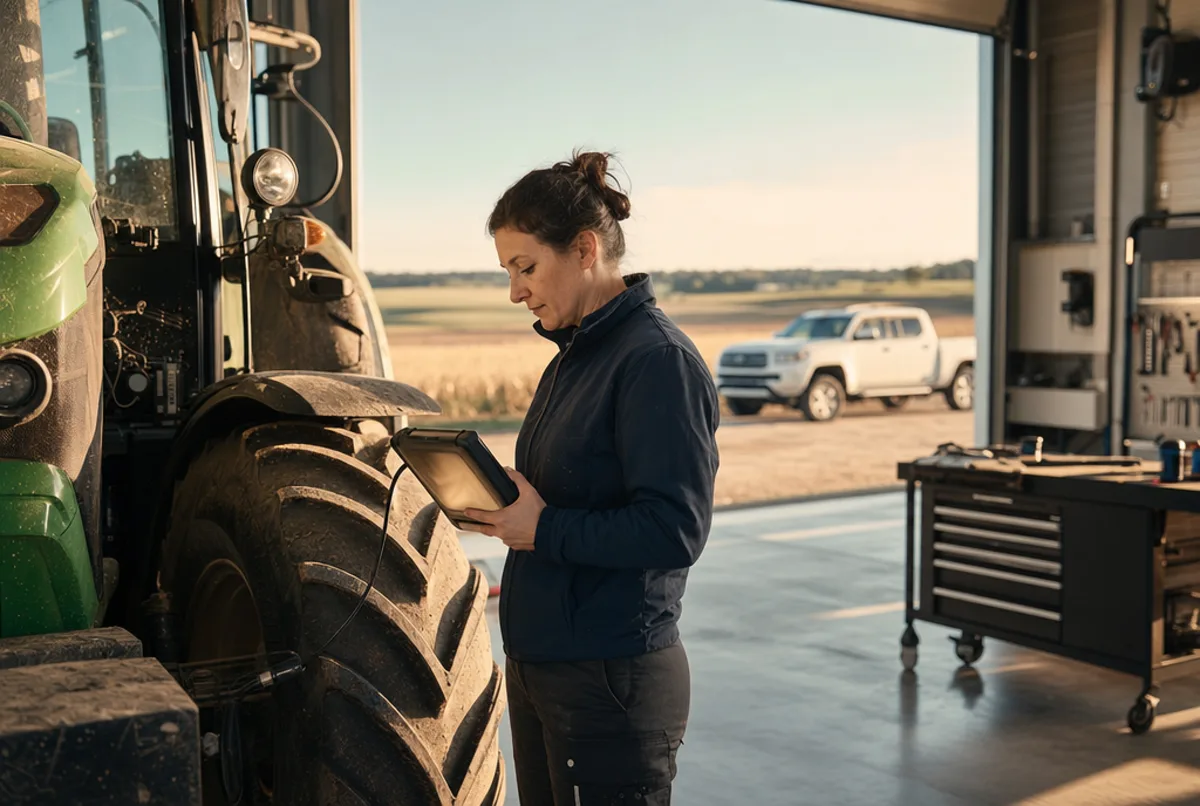 Une technicienne en veste de travail bleu marine, debout à côté d'un grand tracteur moderne dans un atelier de matériel agricole lumineux, consulte une tablette de diagnostic reliée à la machine ; derrière elle, les portes ouvertes du hangar donnent sur des champs moissonnés sous un ciel clair de fin d'été.