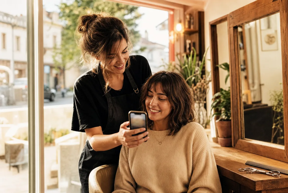 Dans un salon de coiffure baigné par la lumière d'une grande vitrine, une coiffeuse en tablier noir, debout derrière le fauteuil, montre l'écran de son téléphone à sa cliente souriante ; un peigne et des ciseaux sont posés sur la coiffeuse en bois, à côté d'un grand miroir.