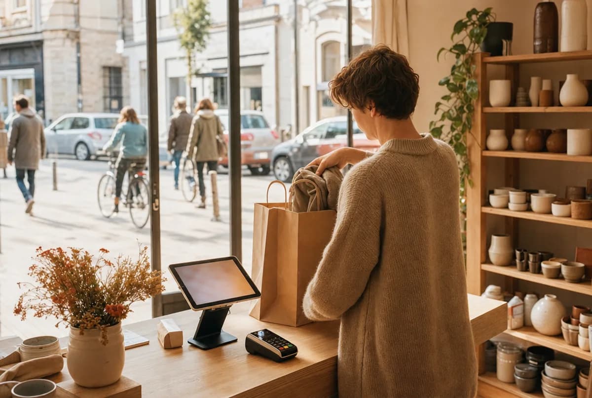 Dans une boutique de décoration de centre-ville, une commerçante vue de dos glisse un article dans un sac kraft préparé pour un retrait ; sur le comptoir en bois clair, une tablette et un terminal de paiement, et derrière la vitrine, une rue piétonne où passent des passants et un cycliste en fin de matinée.