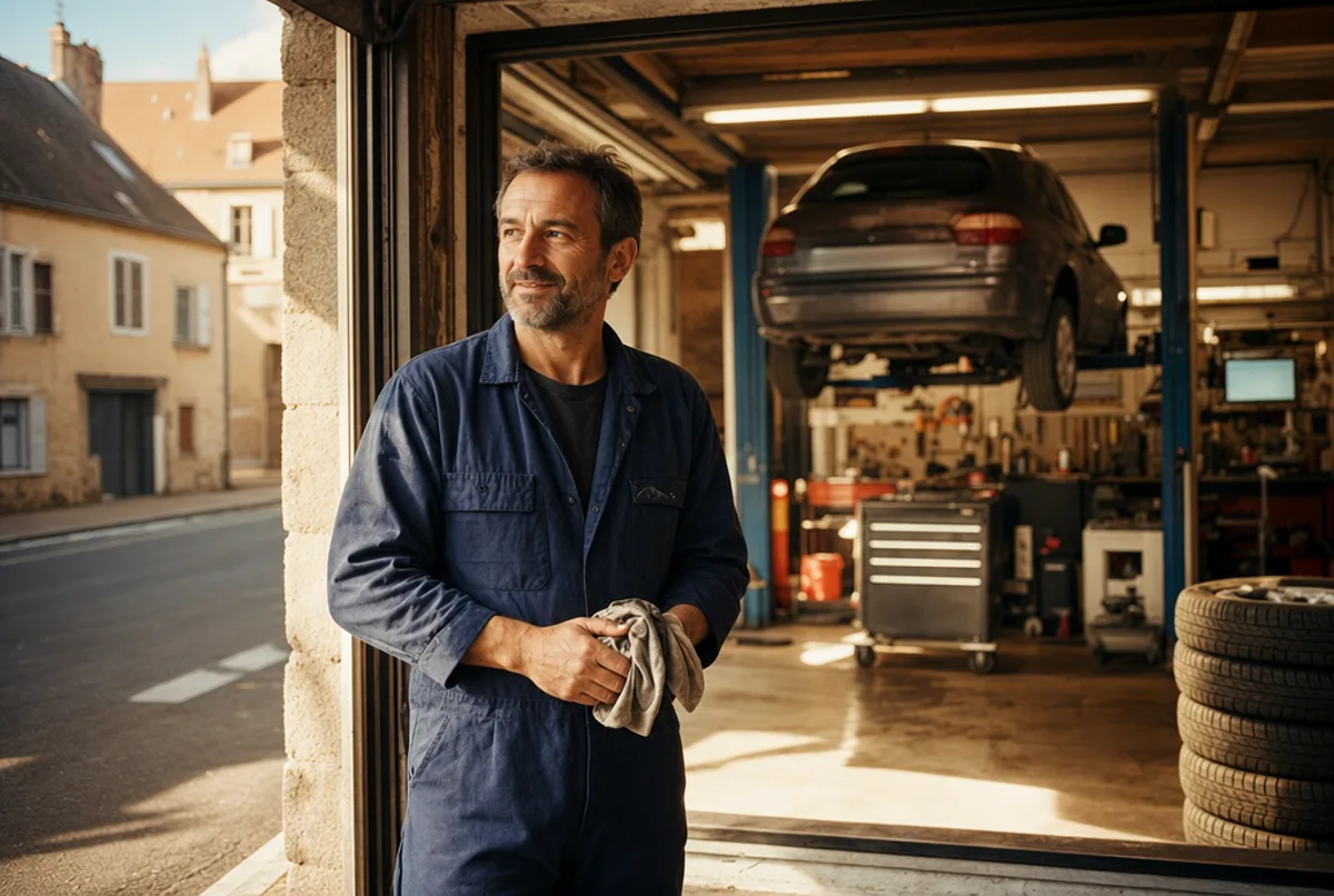 Un mécanicien en bleu de travail debout dans la porte grande ouverte d'un petit garage automobile de ville, s'essuyant les mains sur un chiffon, la lumière du matin éclairant l'atelier où une voiture familiale est levée sur le pont.