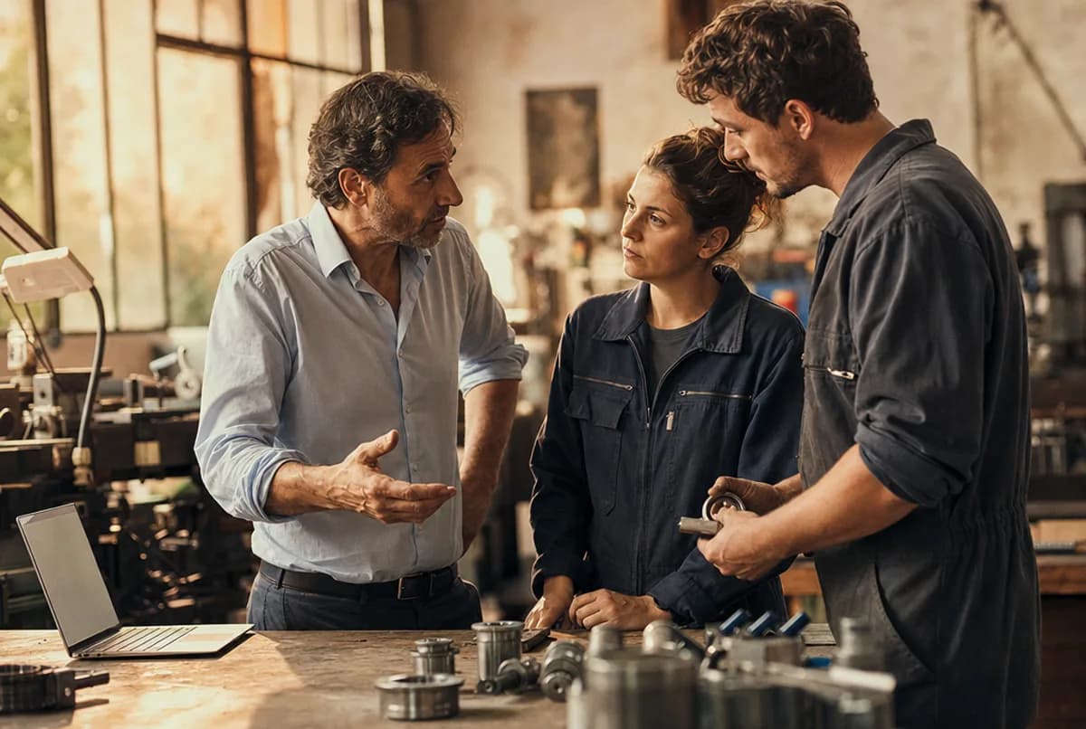Dans l'atelier d'une PME baigné par la lumière de hautes fenêtres, un dirigeant en chemise aux manches retroussées discute debout avec deux salariés en tenue de travail, autour d'un établi où sont posées des pièces métalliques et des outils.