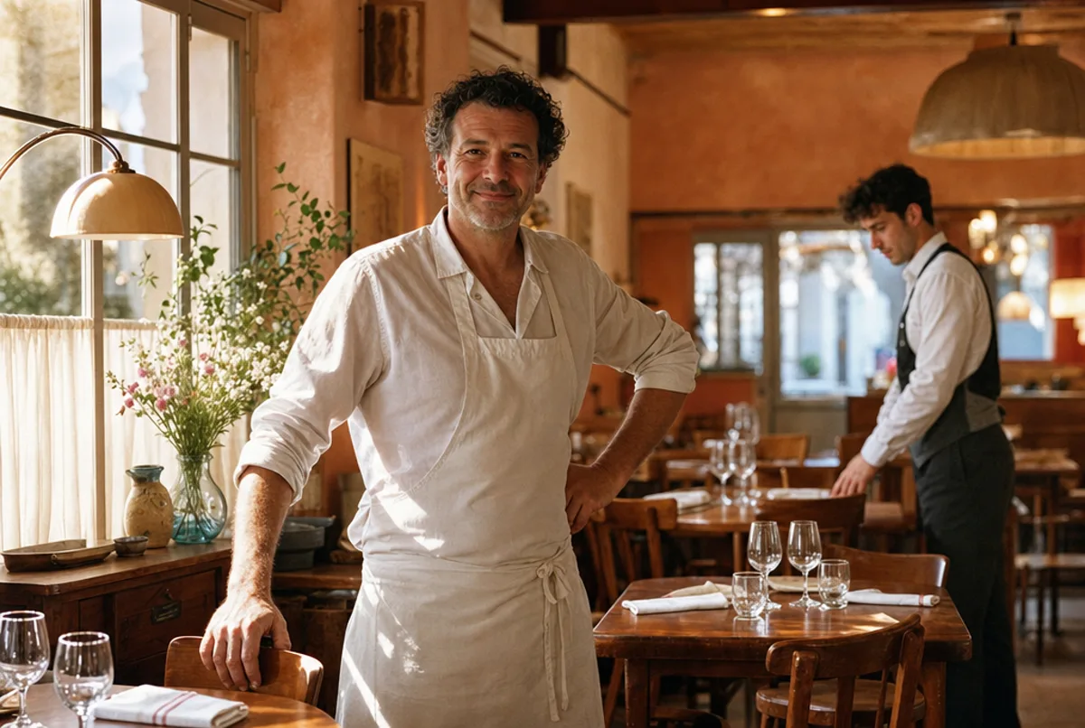 Le patron d'un petit bistrot, en tablier blanc, debout dans sa salle en fin de matinée, la lumière du jour entrant par la grande vitrine sur des tables en bois dressées ; derrière lui, un jeune serveur range les chaises.