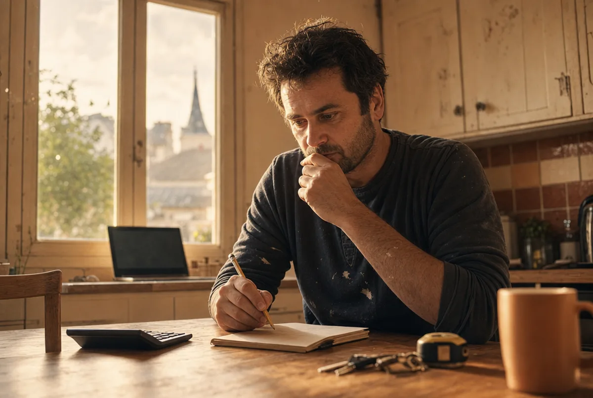 Un artisan d'une quarantaine d'années, en tenue de travail encore poussiéreuse, assis à la table de sa cuisine en fin de journée, une calculatrice et un carnet devant lui, le crayon à la main, dans la lumière dorée d'une grande fenêtre.