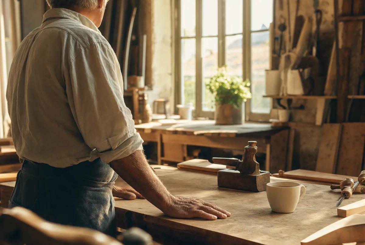 Un menuisier d'une soixantaine d'années, chemise aux manches retroussées et tablier, debout de dos devant son établi en bois, une main posée à plat sur le plateau près d'un rabot et d'une tasse de café ; derrière lui, une grande fenêtre d'atelier laisse entrer la lumière du matin.