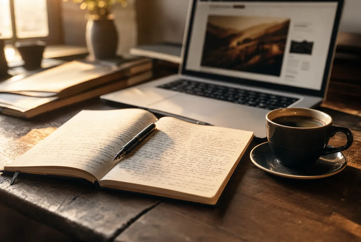 Un carnet ouvert avec un stylo plume sur un bureau en bois chaud, à côté d'un ordinateur portable affichant une page web et d'une tasse de café.