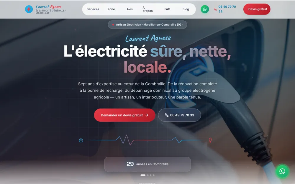 Page d'accueil du site de Laurent Agnese Électricité, électricien à Marcillat-en-Combraille.