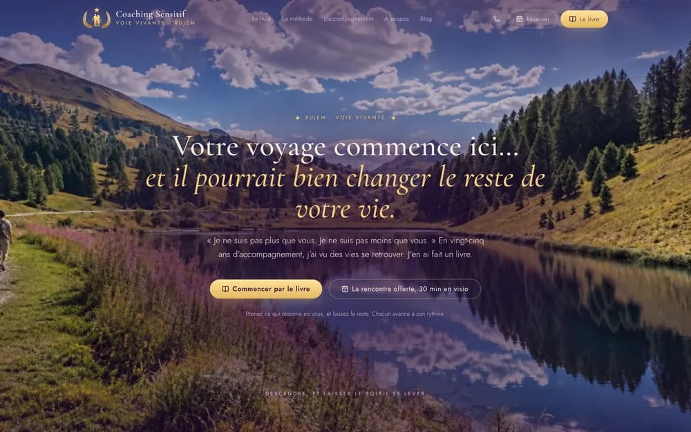Page d'accueil du site Coaching Sensitif, autour du livre RETROUVE-TOI de Rujem.