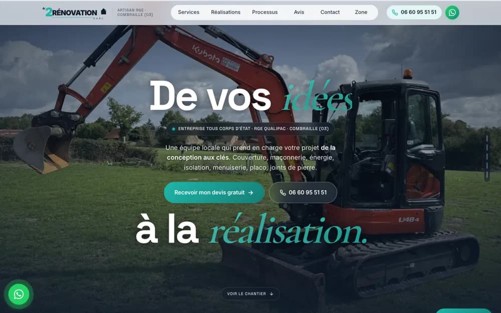 Page d'accueil du site de +2 Rénovation, entreprise de rénovation tous corps d'état à Marcillat-en-Combraille.